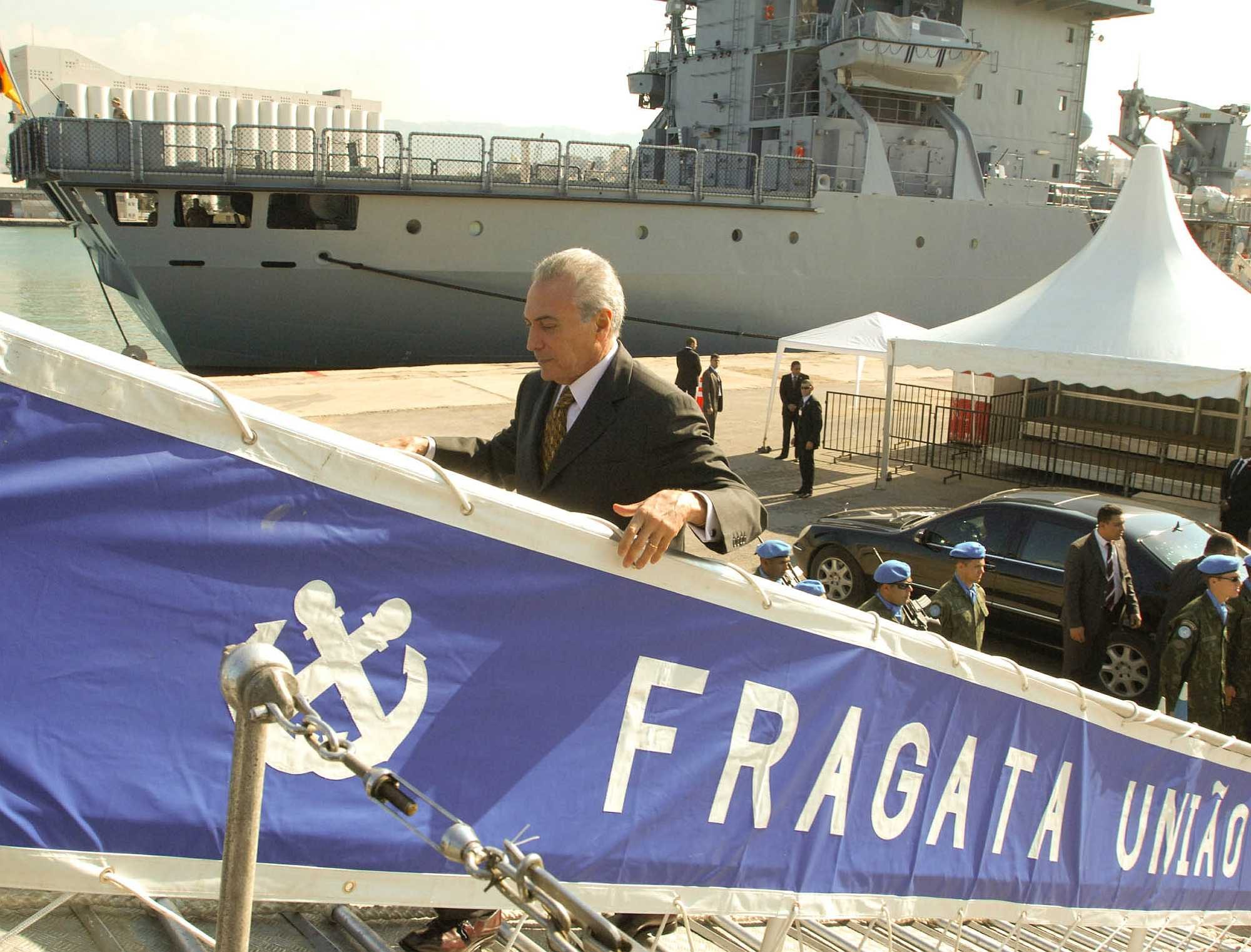 Michel Temer, then vice-president, at the arrival of União frigate in Lebanon