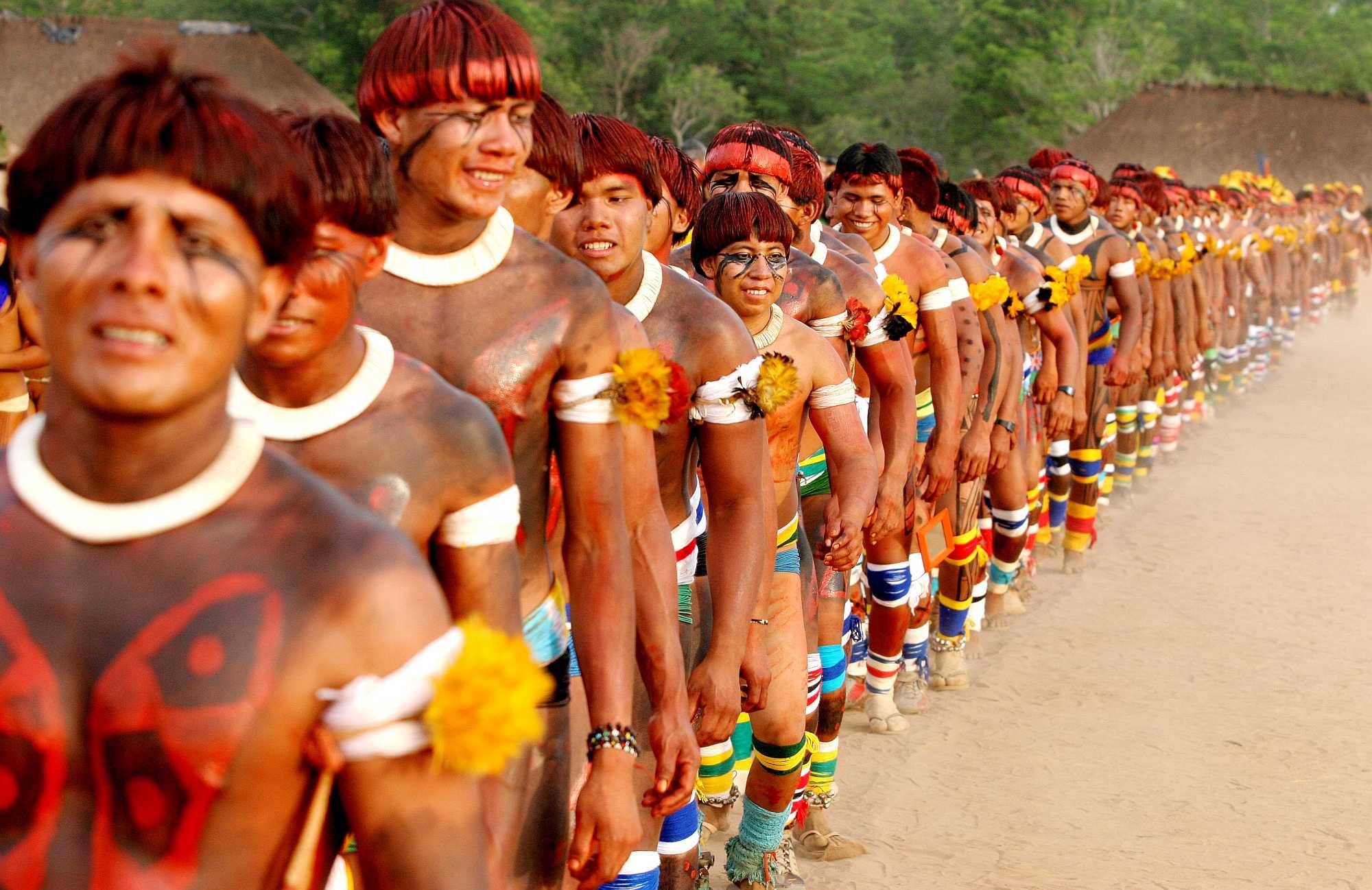 Brazilian Indians from the Xingu Park, in the Amazon, celebrating the Kuarup festival