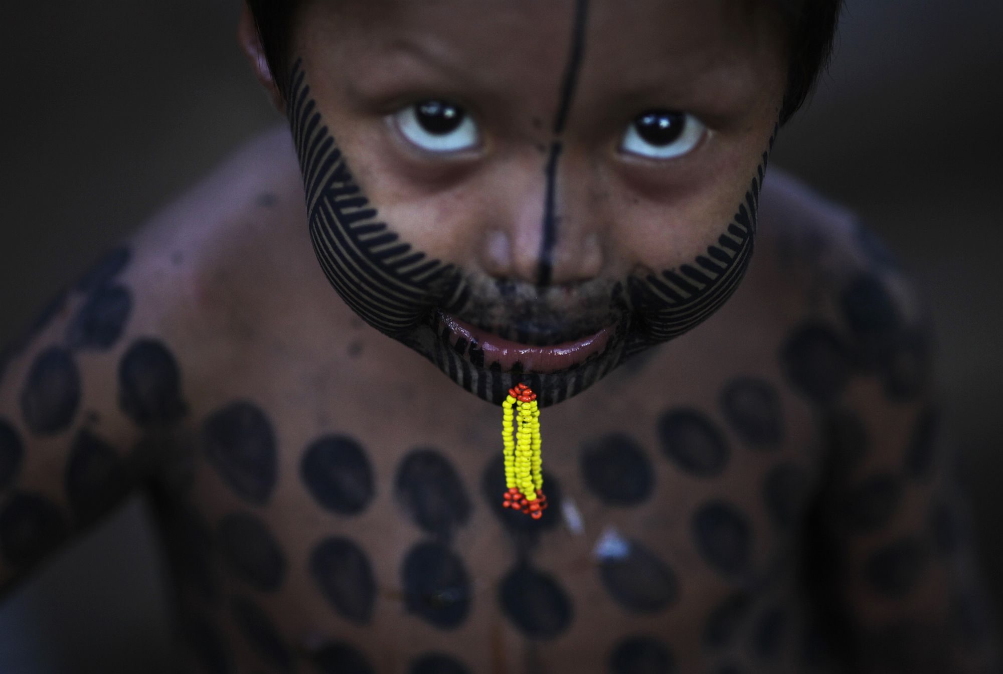 A Kayapo boy with traditional body paint and piercing is seen at his home in Kikretum