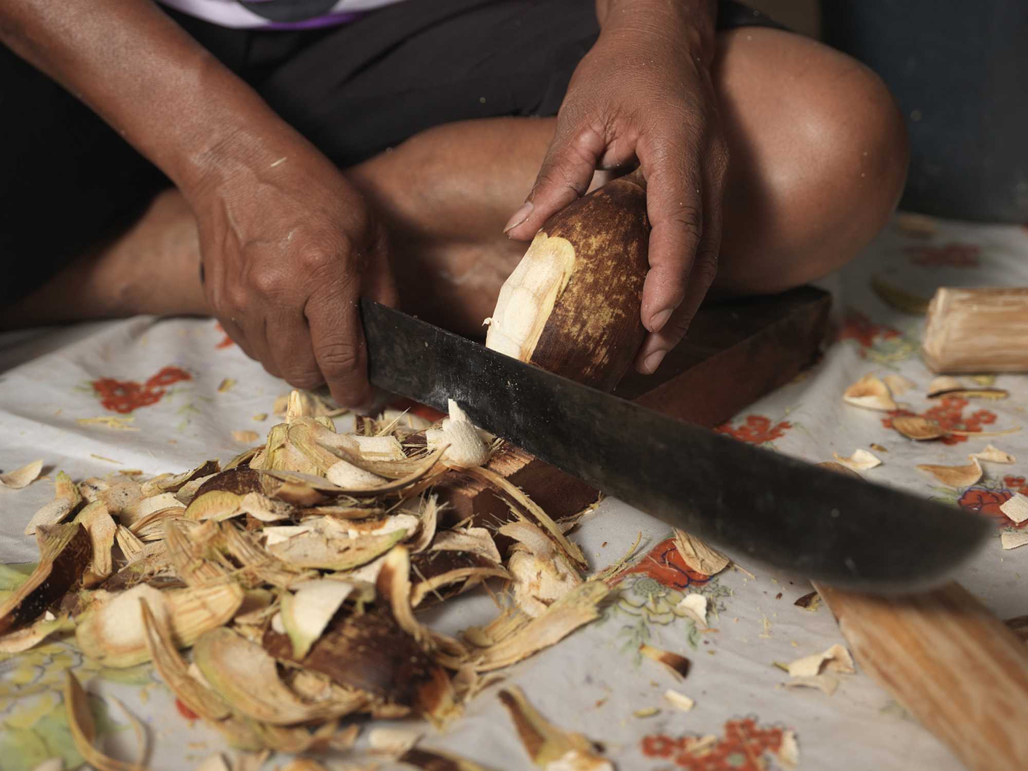 Women strip away the outer husk of the babassu palm nut. Image by Peter Caton courtesy of ISPN