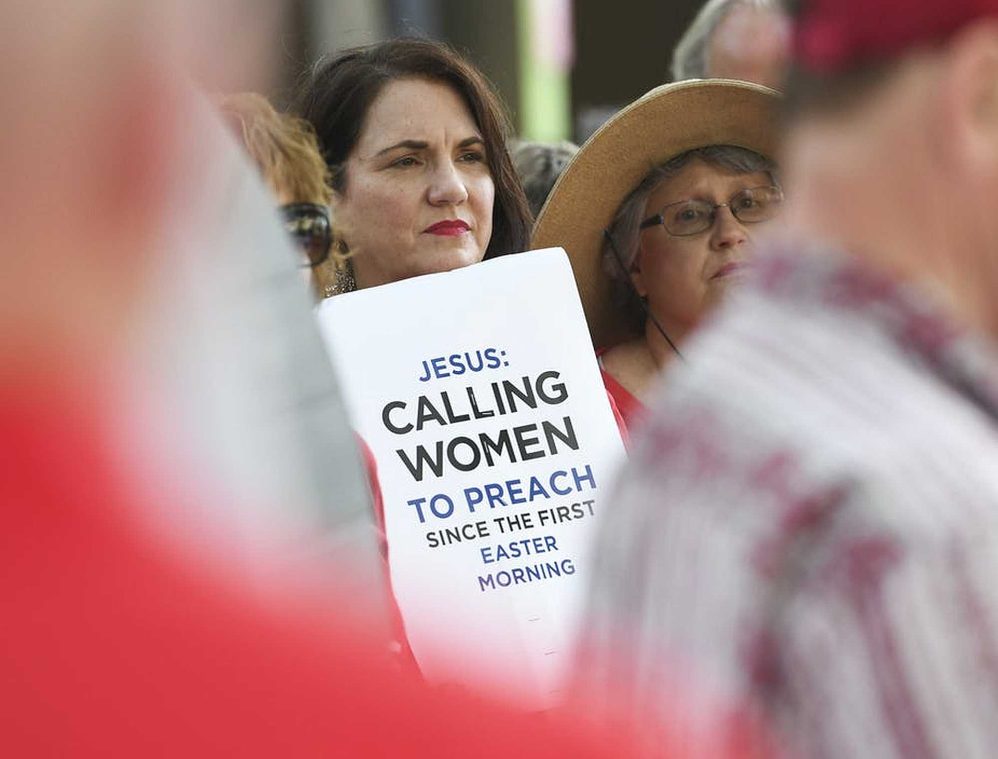 Southern Baptist women demonstrating against the faith's gender role doctrine in Birmingham, Alabama, in 2019. AP Photo/Julie Bennett