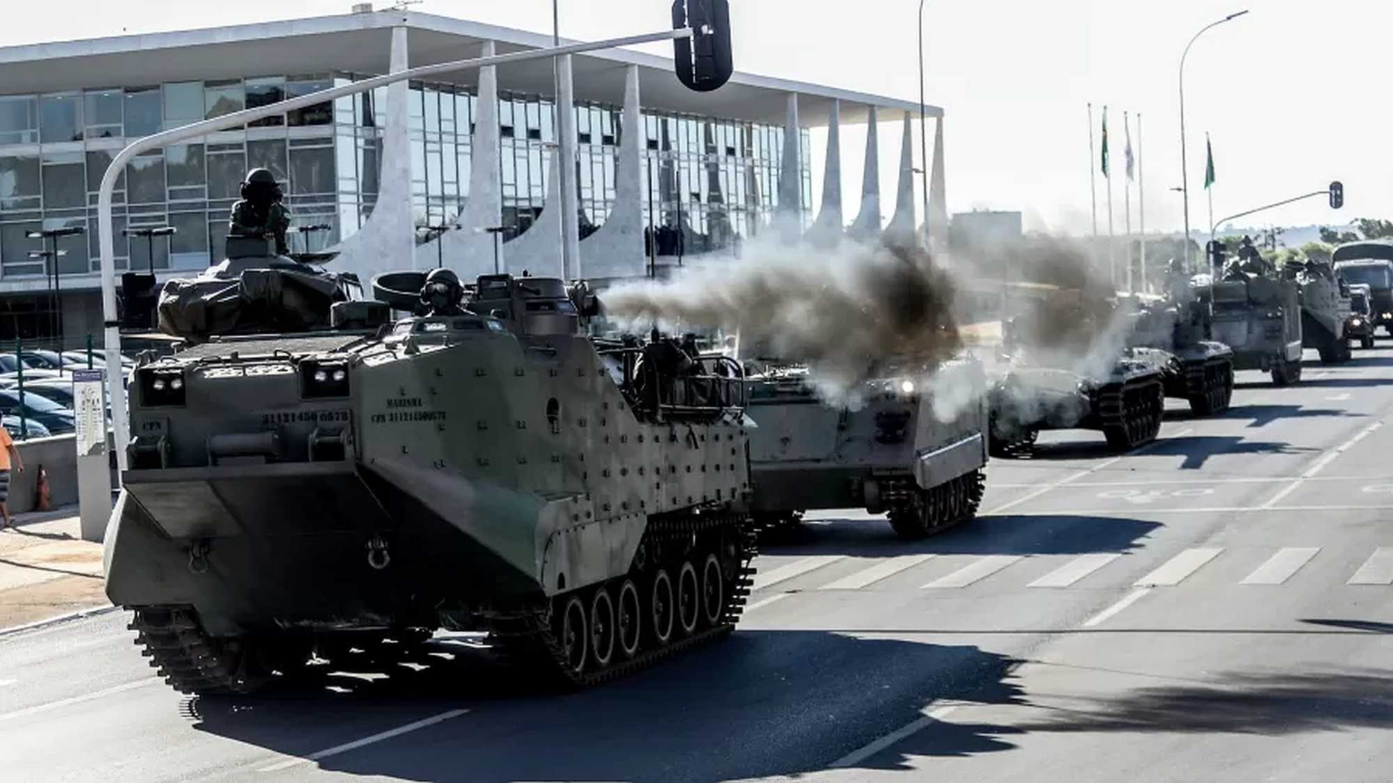 War tanks parade in front of Palácio do Planalto, the presidential office, in Brasília