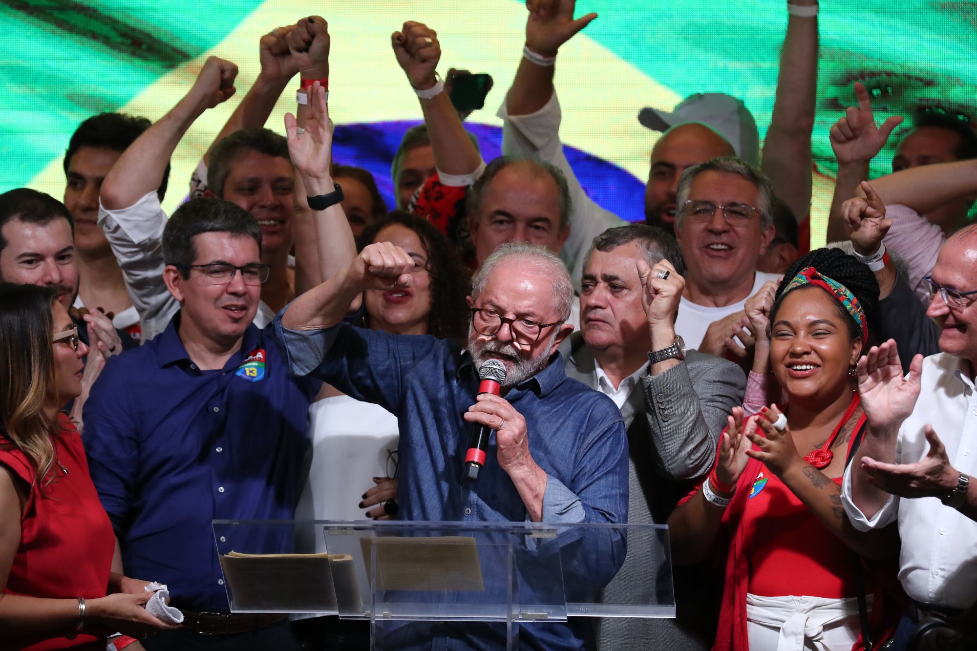 ‘I will govern for all the people’: Luiz Inácio Lula da Silva celebrates his election victory. EPA-EFE/Sebastião Moreira