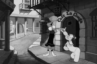 Popeye (right) escorts Miss Olivia Oyla to the Cafe La Conga in “Kickin’ the Conga Round” (1942)