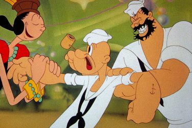 Olive tries to drag poor Popeye onto the dance floor, while Bluto looks on in delight
