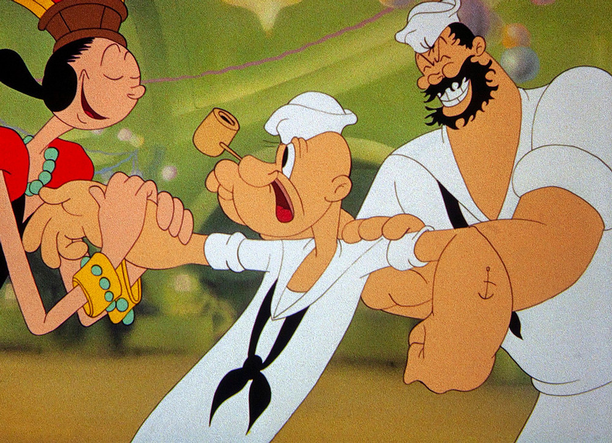 Olive tries to drag poor Popeye onto the dance floor, while Bluto looks on in delight