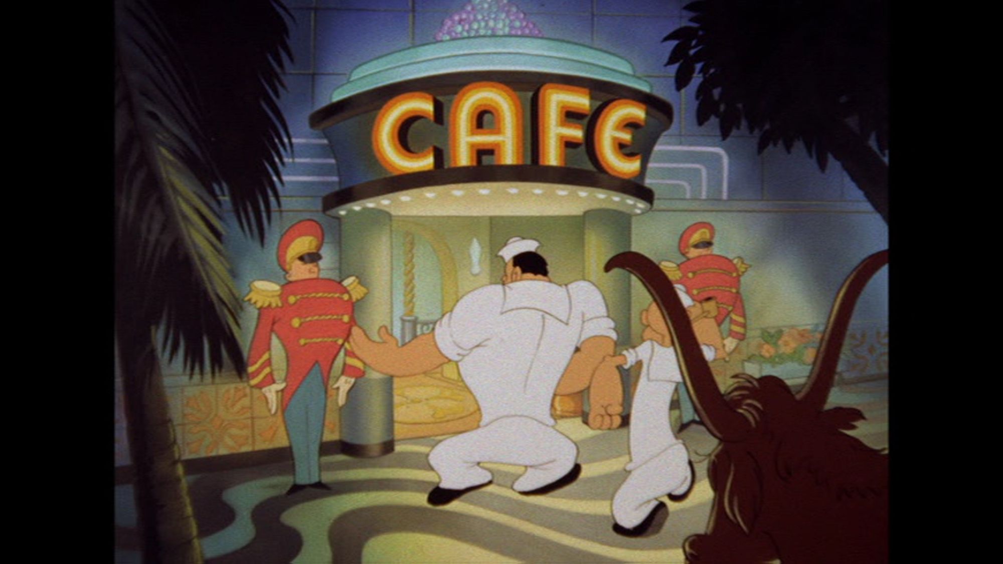 Bluto and Popeye advance toward their “fun” destination: The cartoon Cafe in Rio