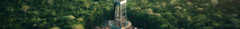 Rendering of an oil derrick in the rainforest. AI-generated.
