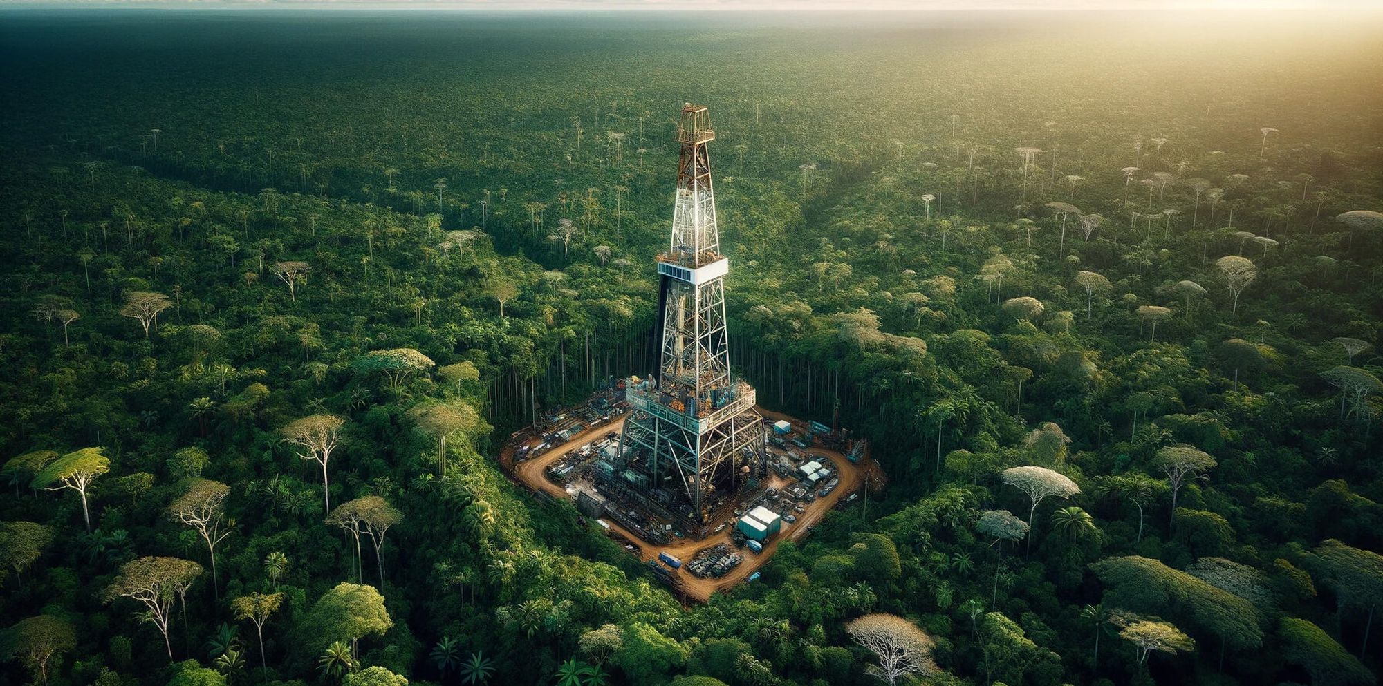 Rendering of an oil derrick in the rainforest. AI-generated.