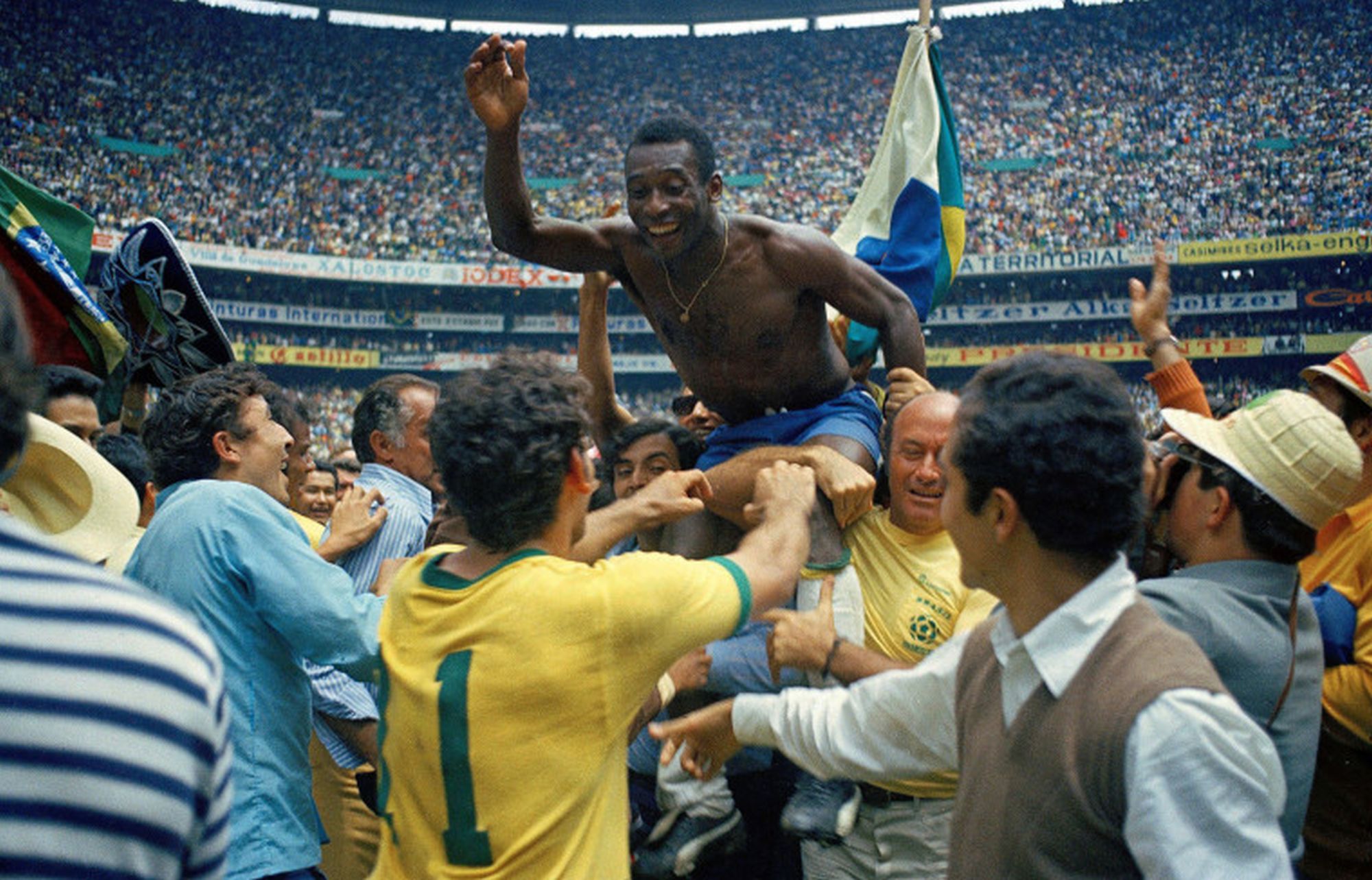 Pelé, seen here following Brazil's 1970 World Cup win, epitomized "the beautiful game" Image: Wikipedia